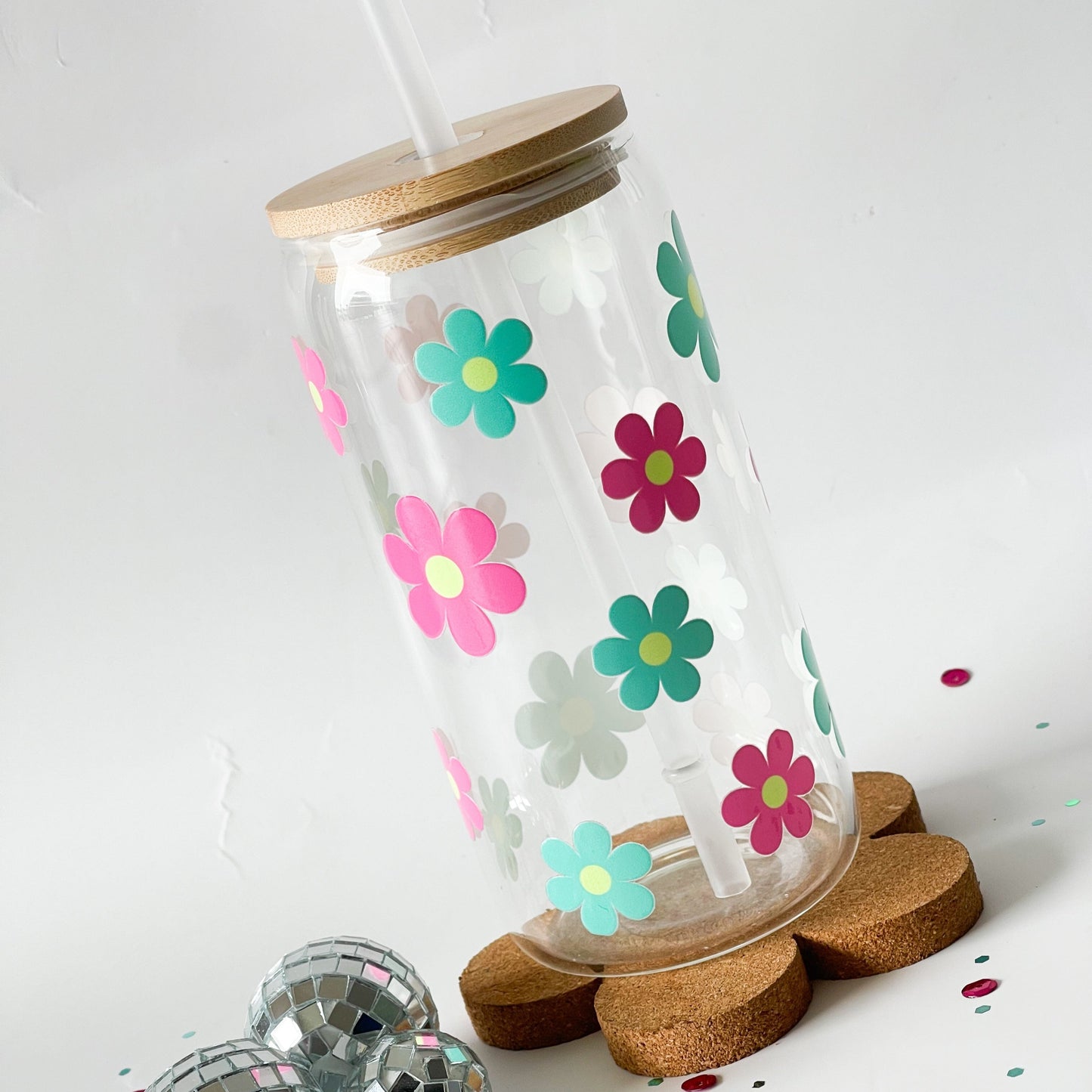 Pink & Aqua Flower Cuteness | Bamboo Beer Glass Can